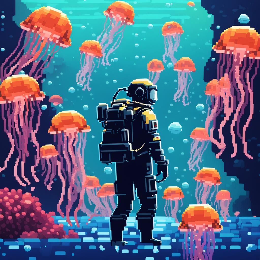 Pixelated Dave The Diver Observes Jellyfish