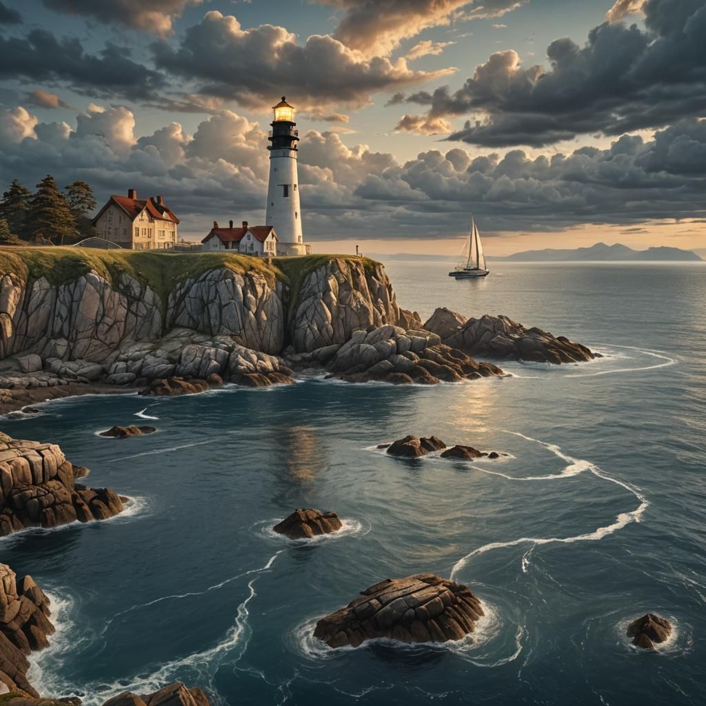 Oceanic Lighthouse at Dusk in Hyper-Realistic Style