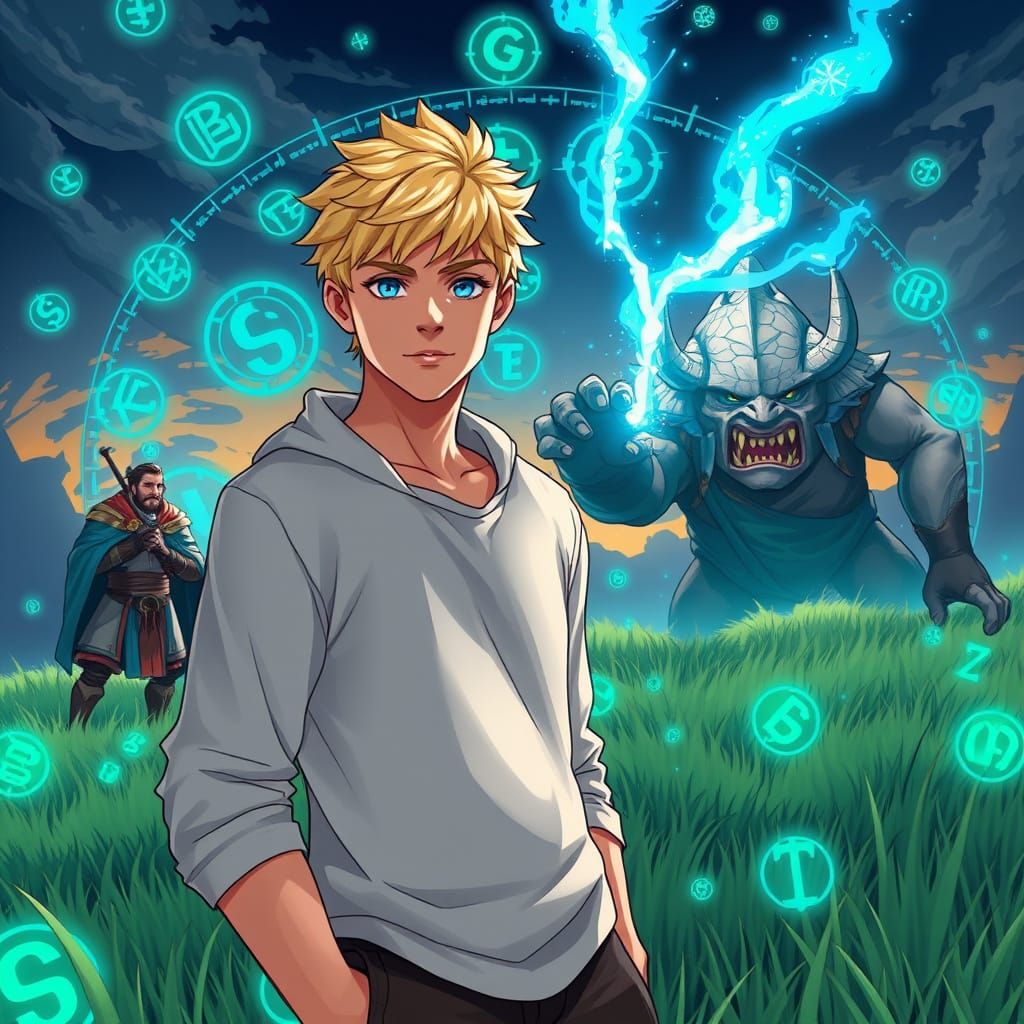 Young Hero in Cel-Shaded Fantasy Landscape