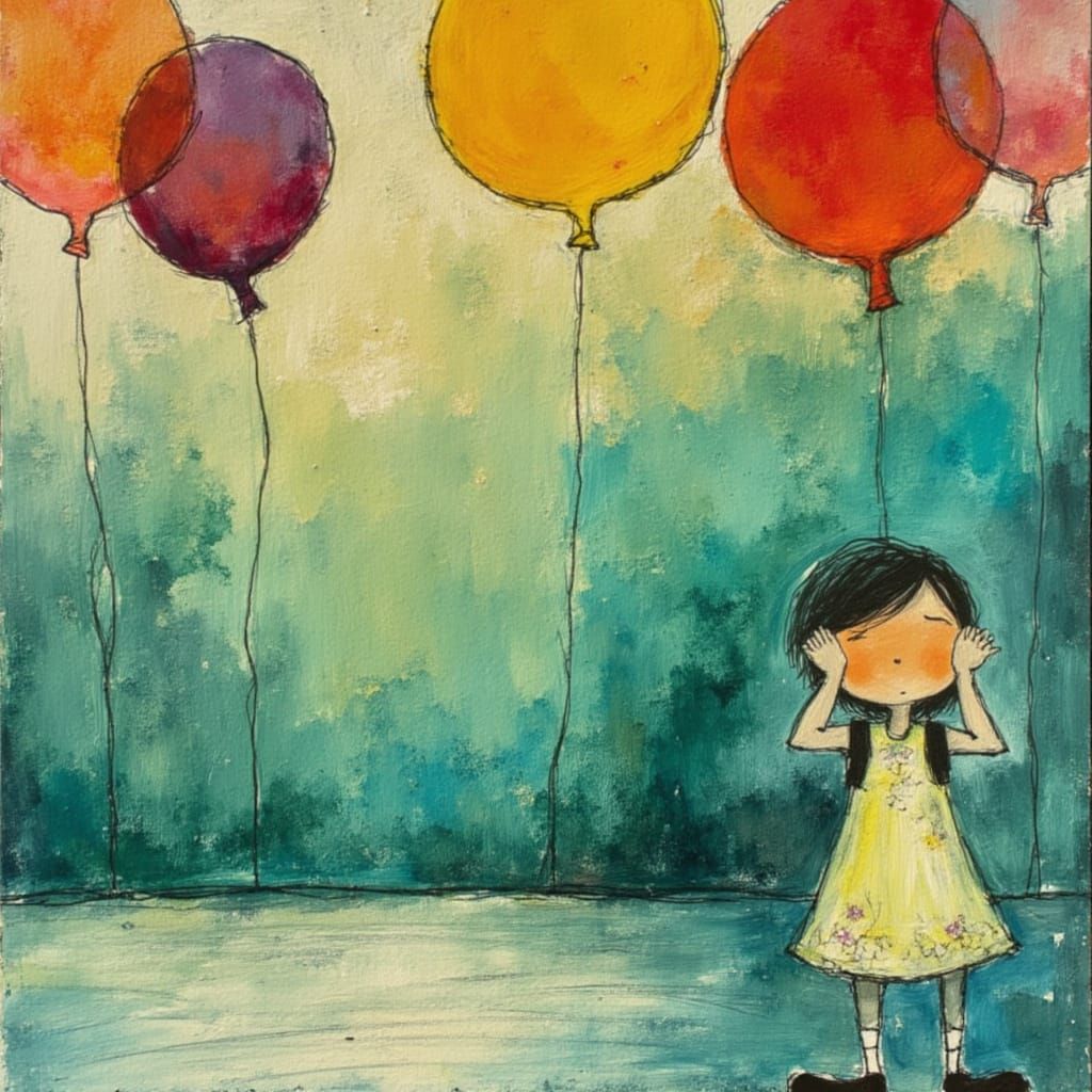 Person by Pool with Balloons in Whimsical Style