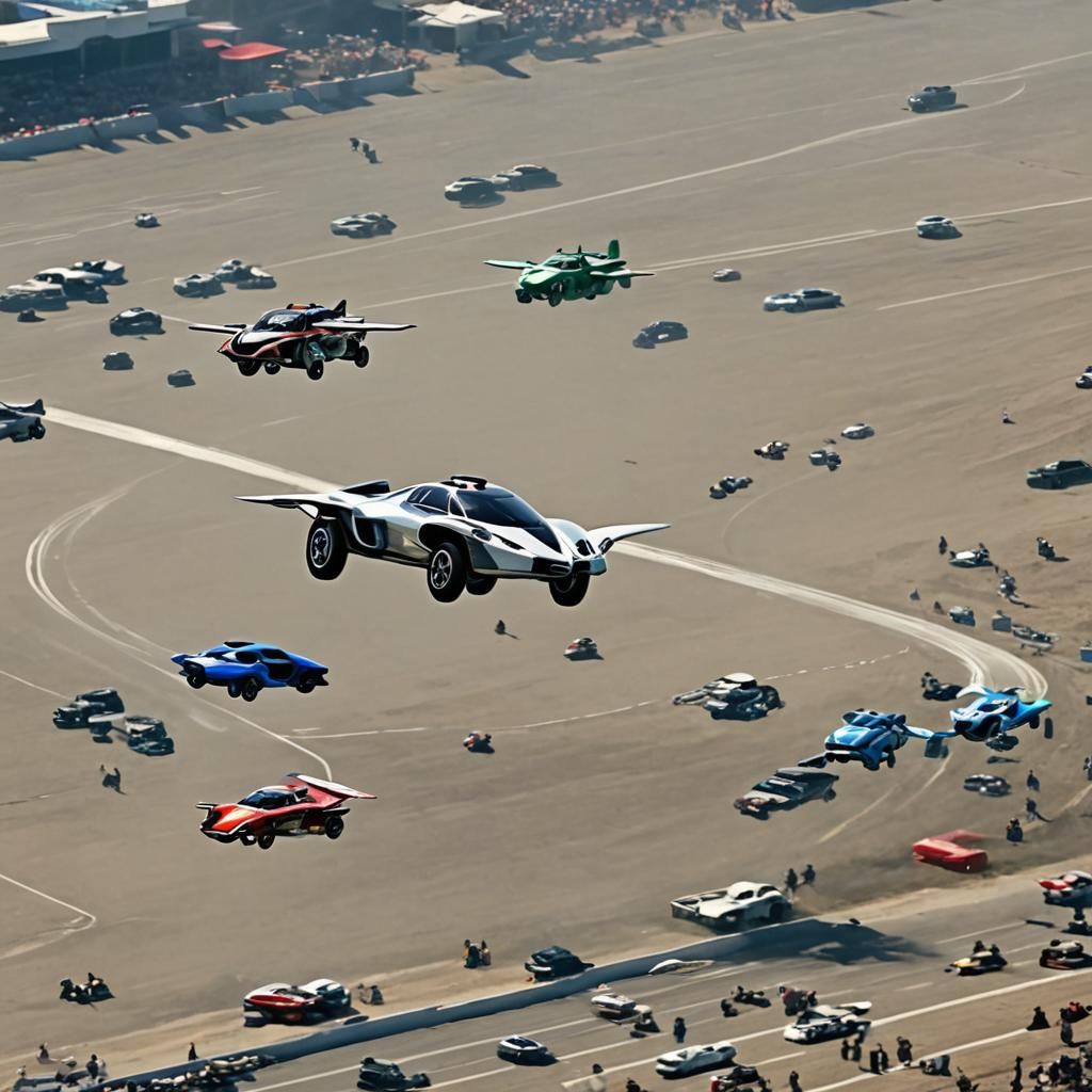Futuristic Flying Car Race in Cityscape