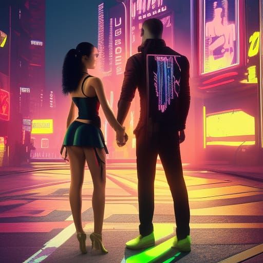 Cyberpunk Dance Couple in Neon Cityscape