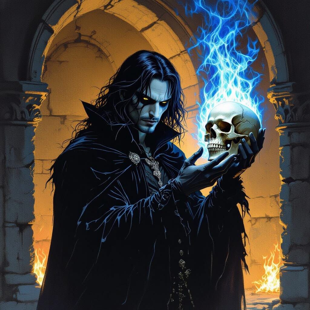 Gothic Man Holds Flaming Skull in Crypt