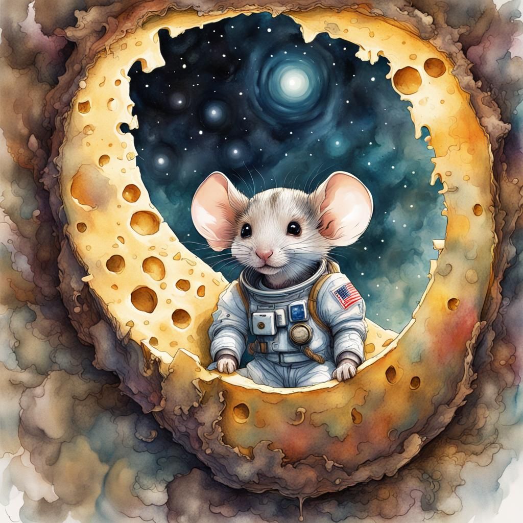 Astronaut Mouse on Cheese Planet Fairytale Illustration
