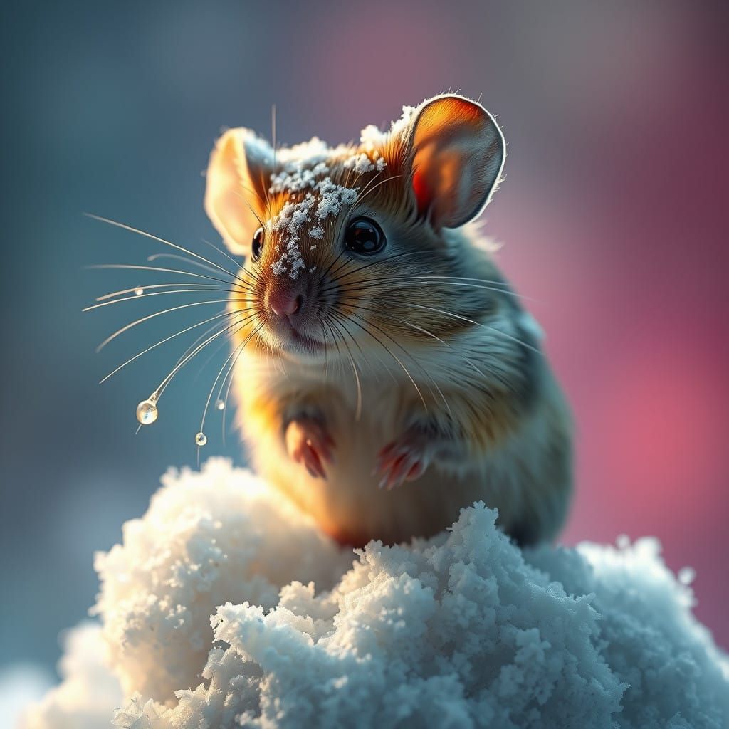 Hyper-Realistic Mouse in Snowy Scene with Vibrant Background