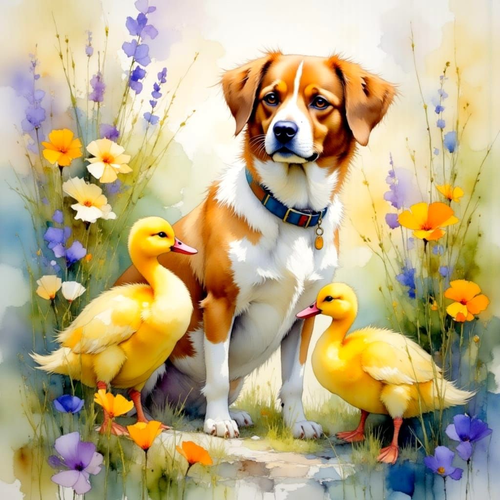 Dreamy Dog and Duckling in a Soft Focus Garden