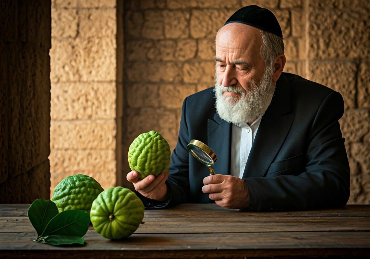 Elderly Rabbi Examines Vibrant Green Etrog with Reverence