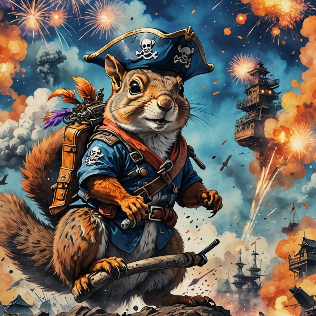 Squirrel Pirate Rides T-Rex in Japanese Ink Painting