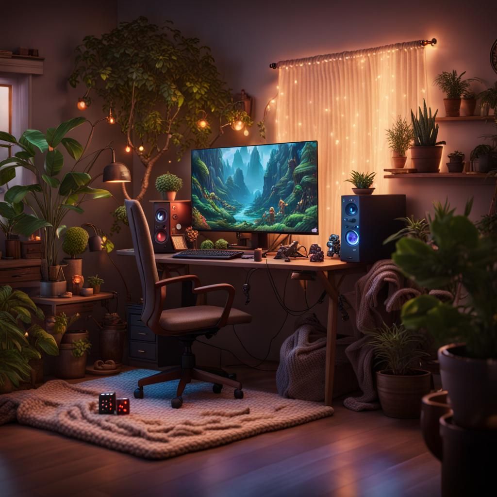 Detailed PC Gaming Setup with Plants and Dice