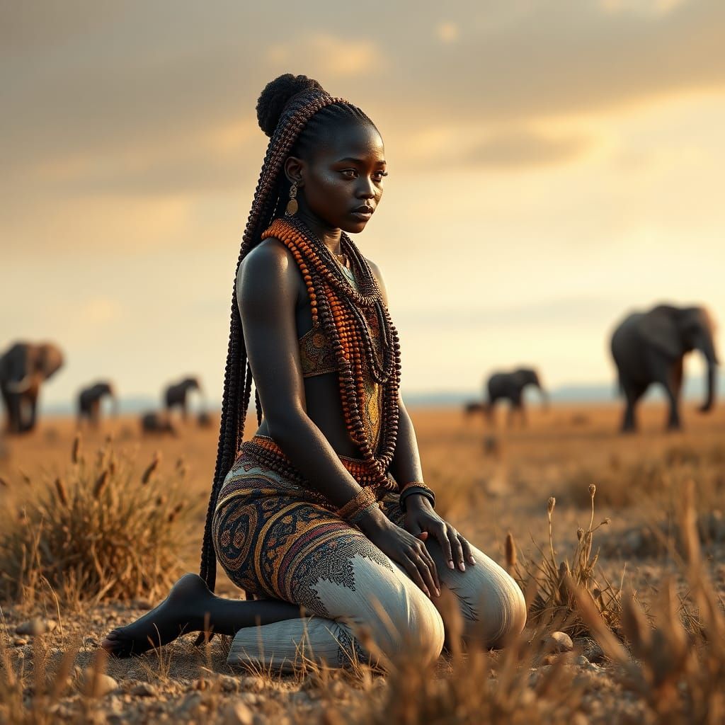 Beaded Woman in African Landscape: Photorealistic Art