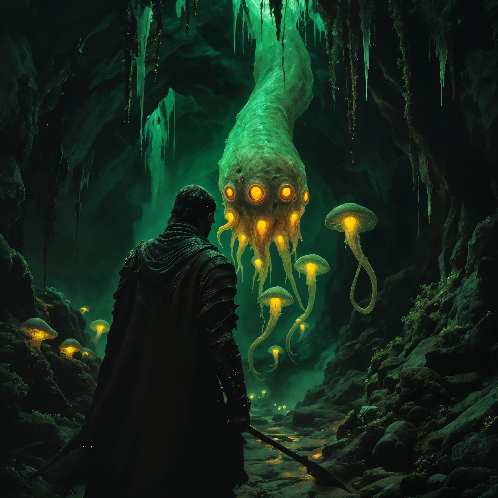 Cave of Glowing Fungi and Ancient Guardian