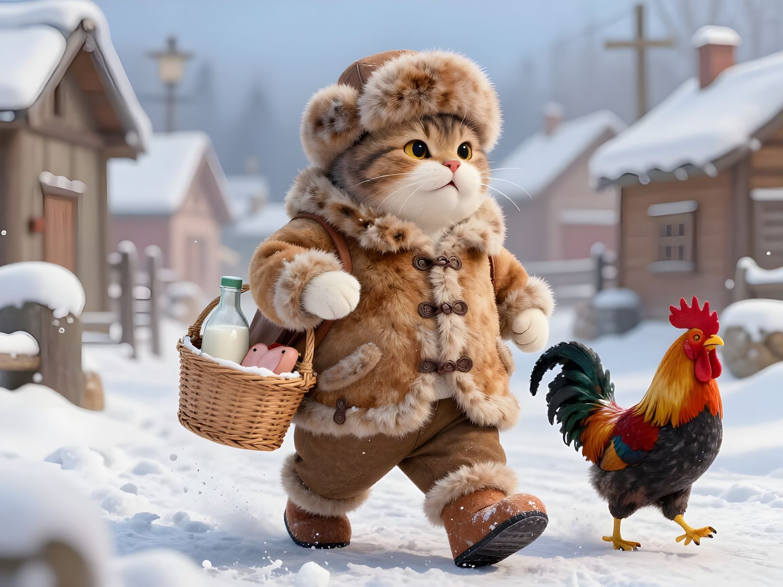 Happy Cartoon Cat in Winter Village