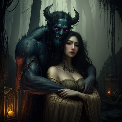 Gentle Demon Guardian in Whimsical Surreal Landscape