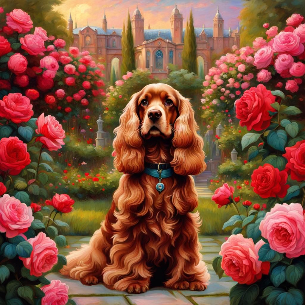 Ruby Cocker Spaniel in Rose Garden: Waterhouse Style