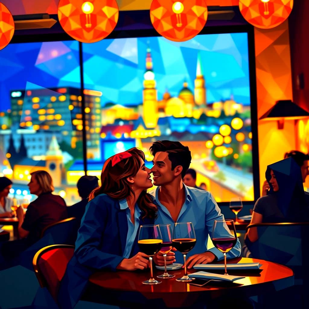 Young Couple's Intimate Moment in Bustling Restaurant