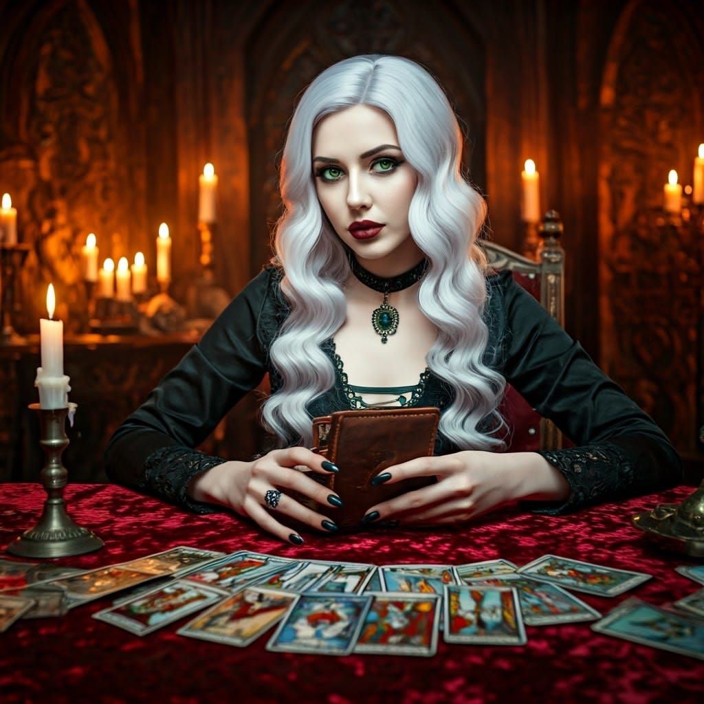 Mystical Tarot Reader in Gothic Chamber