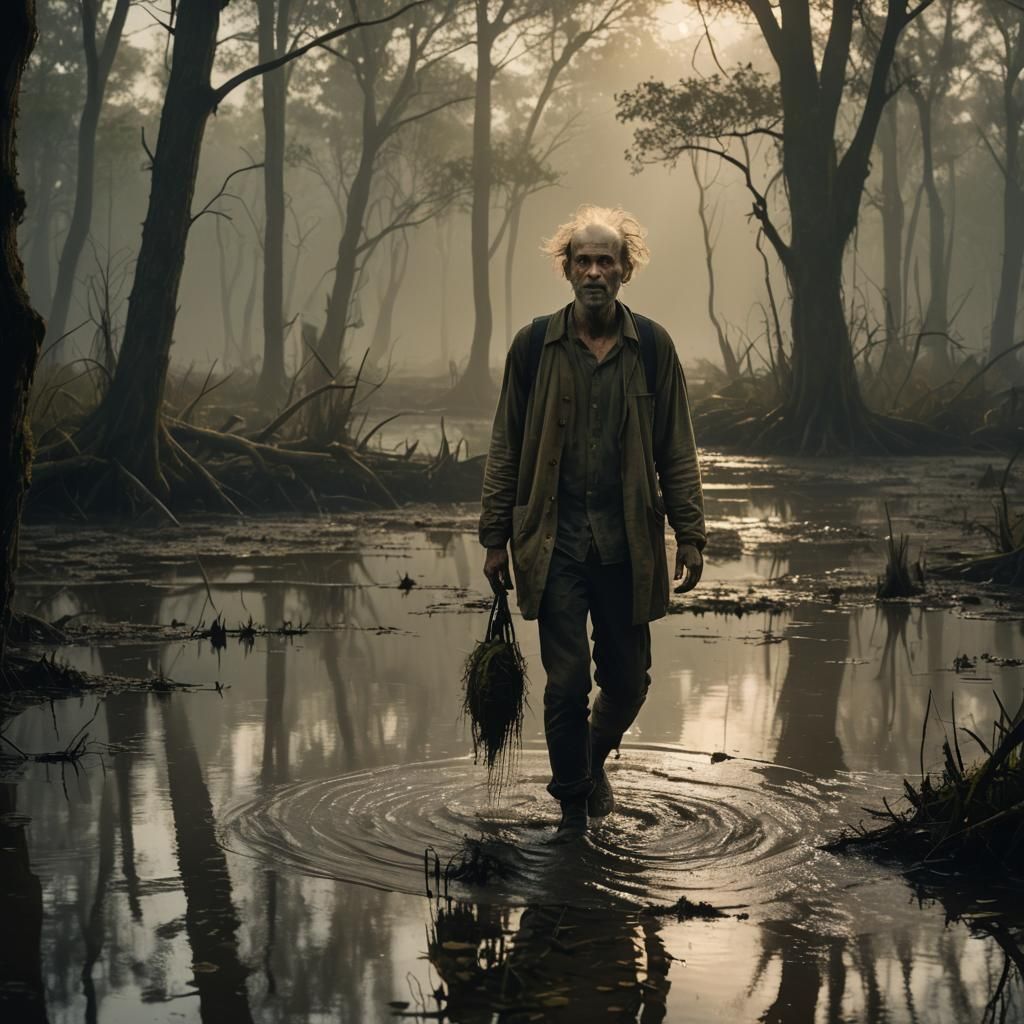 Disheveled Man Walks Through Murky Swamp