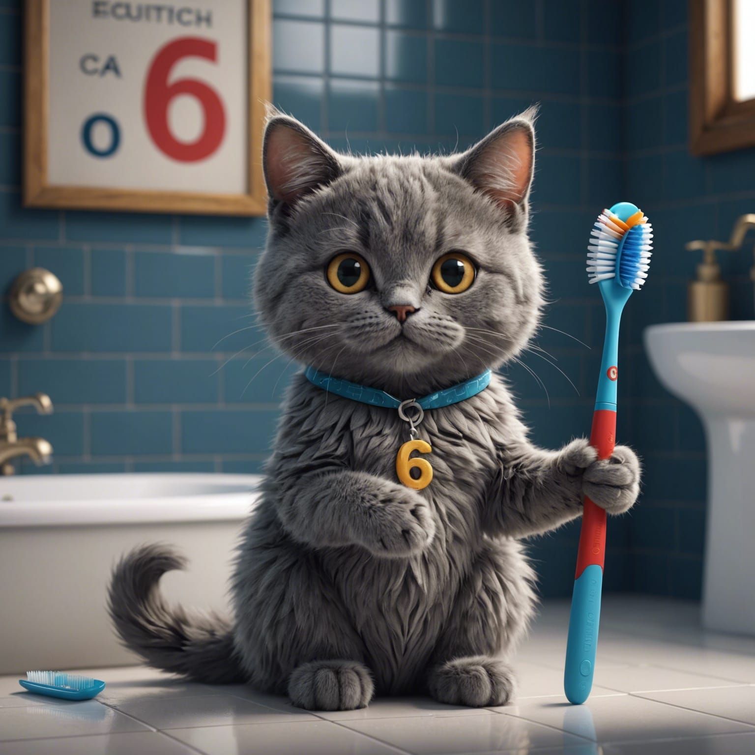 Fluffy Grey Cat Holding Toothbrush, Digital Painting