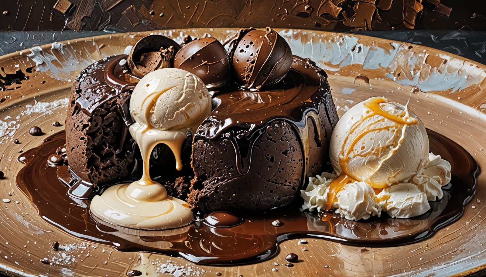 Chocolate Lava Cake Impasto Painting with Ice Cream