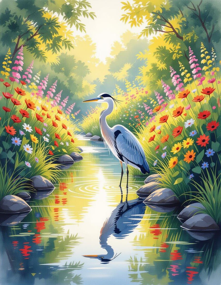 Heron Reflected in Sunlit River Garden: Watercolor