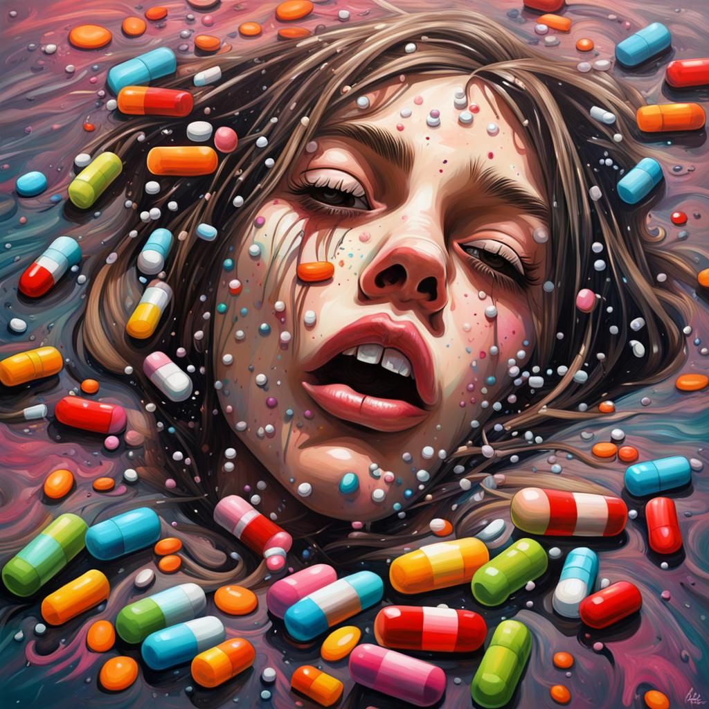 Girl Drowning in Pills: Graffiti Street Art