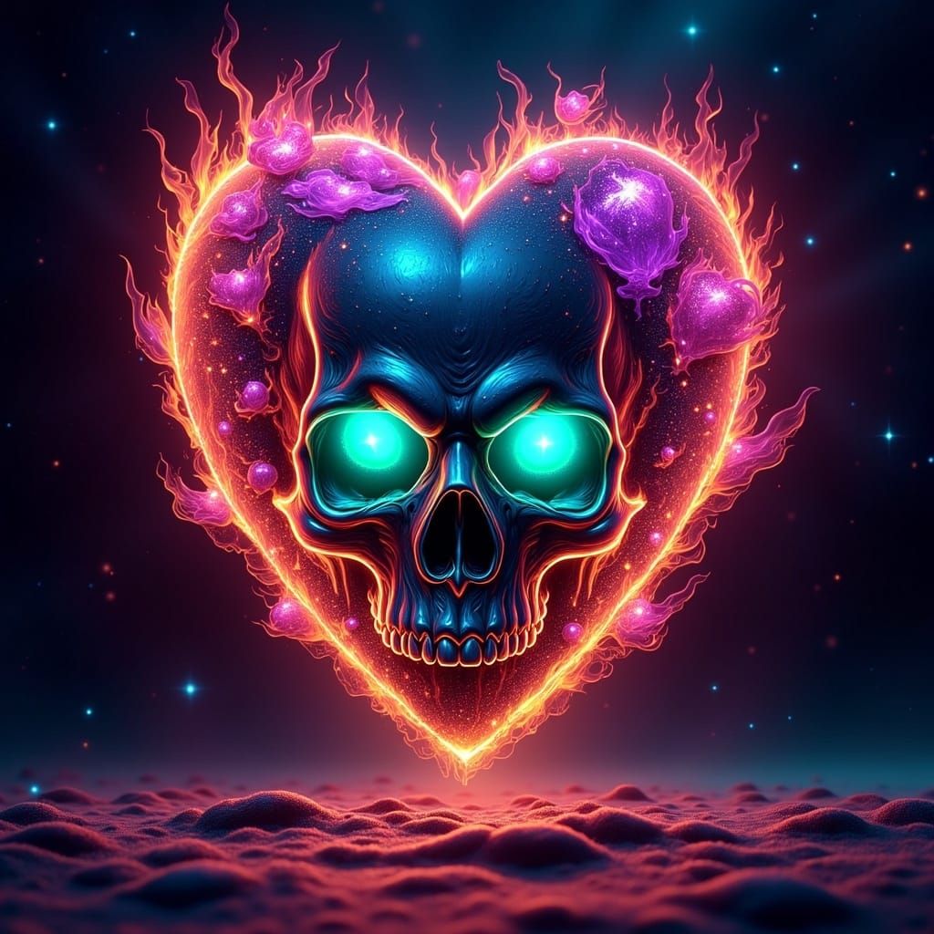 Surreal Cosmic Skull with Fiery Neon Bones