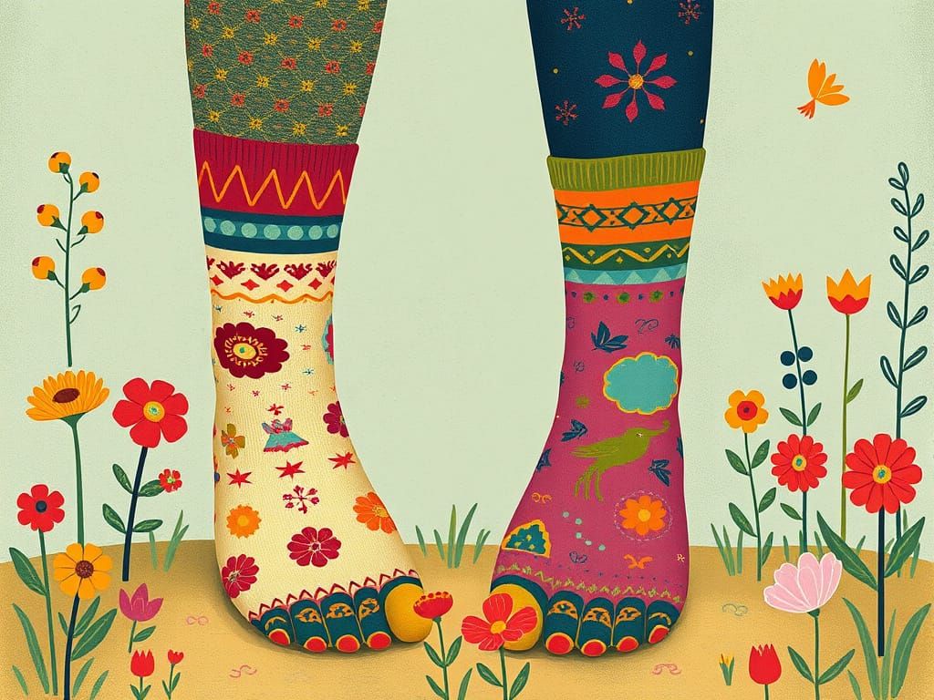 Whimsical Woman in Multicolored Toe Socks, Folk Art Style