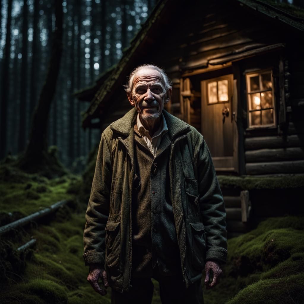 Eerie Old Man at Cabin in Moody Forest