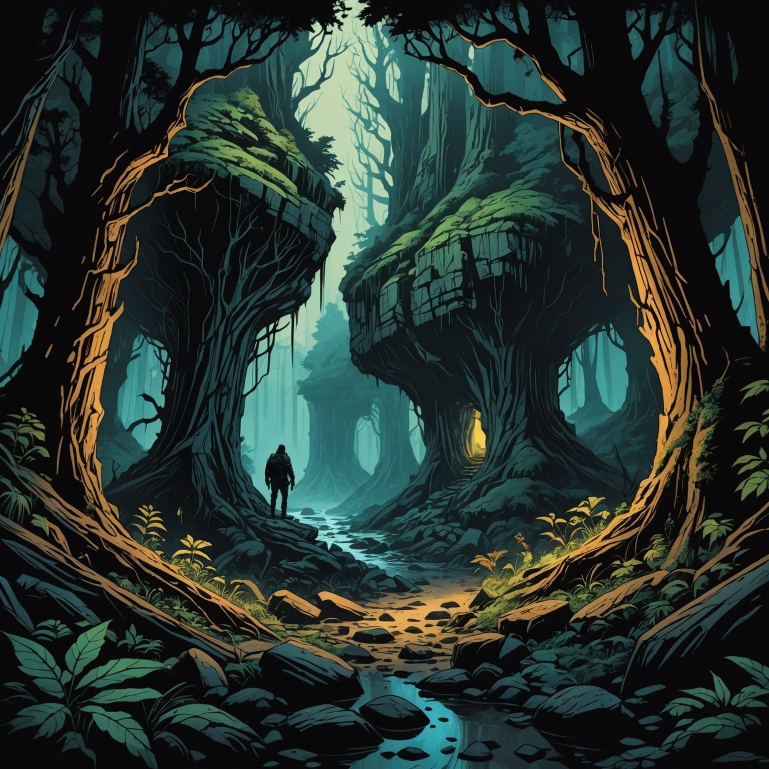 Cave Entrance in Dark Forest, Comic Book Art