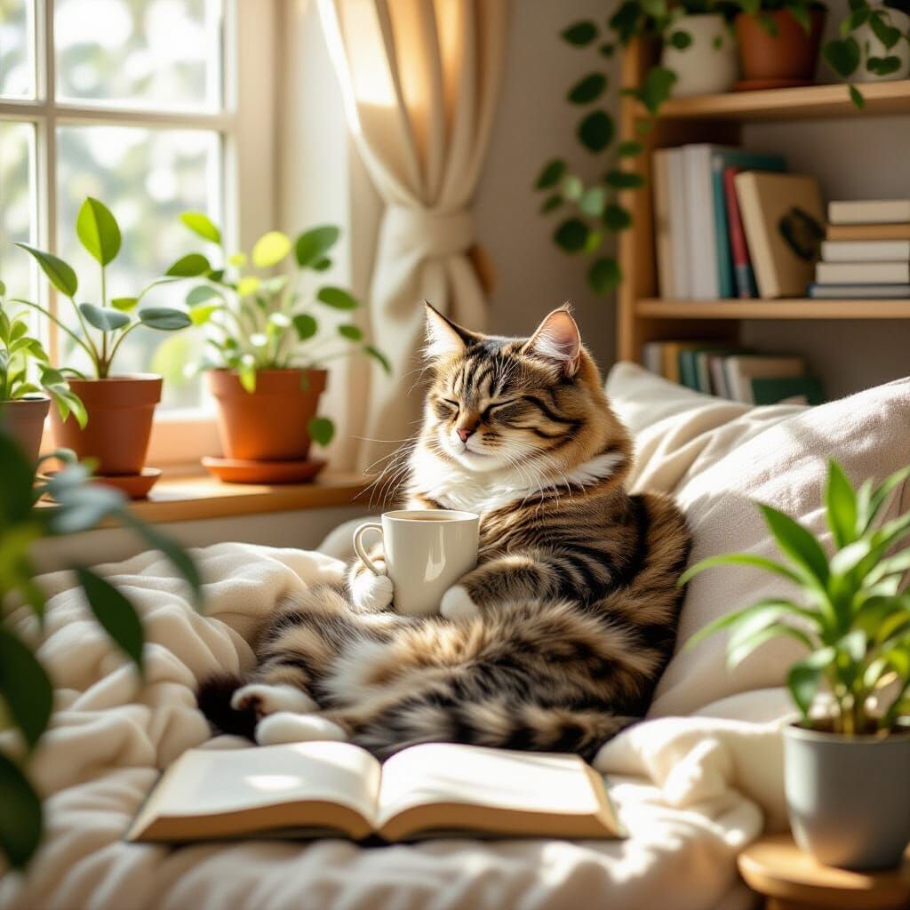 Relaxing Millennial Cat in Cozy Apartment, Nature-Inspired A...