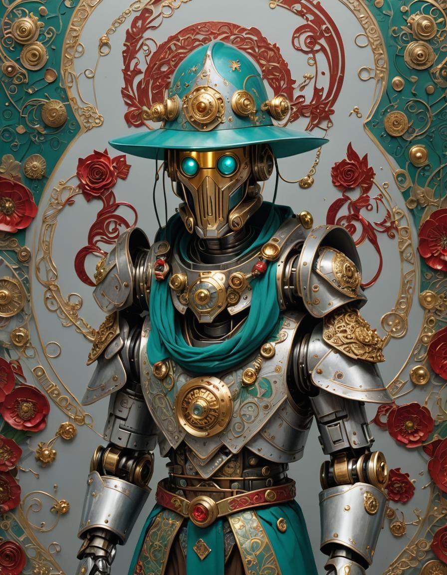 Robot Farmer in Grassy Field: Detailed Digital Painting