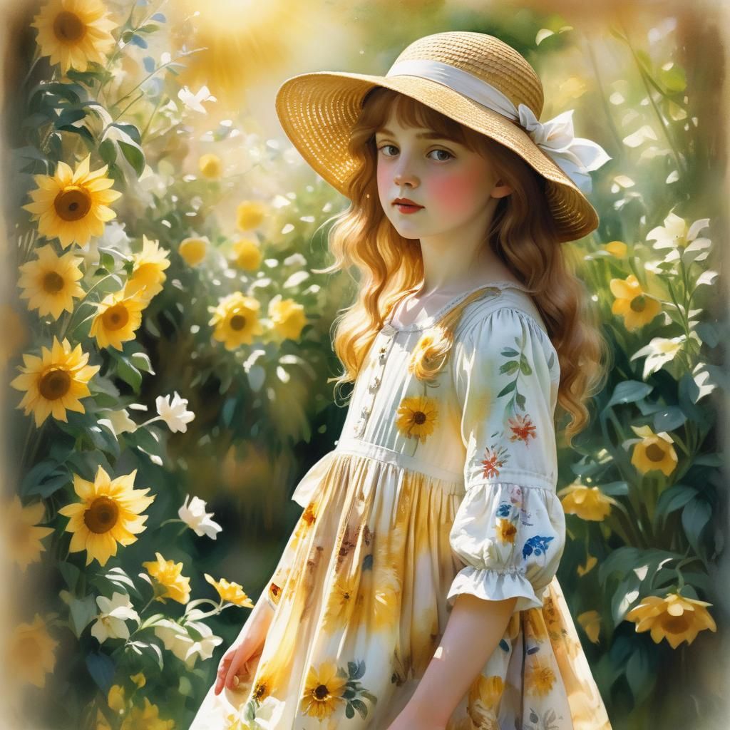 Victorian Girl in Sunlit Garden Splash Art