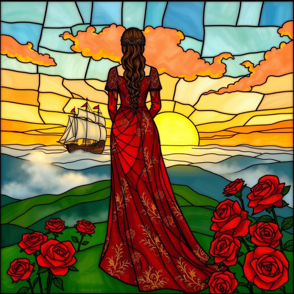 Woman in Stained Glass Dreamscape with Ship and Roses