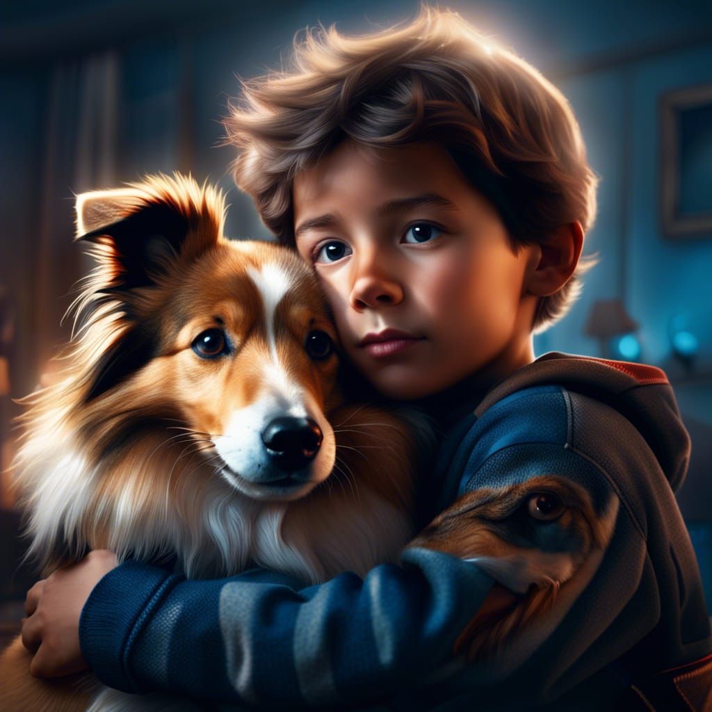 Boy Comforts Sheepdog: Detailed 8K Resolution Art
