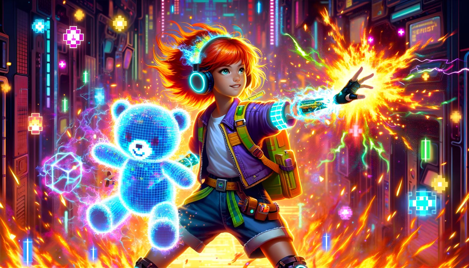 Dynamic Arcade Battle with Fiery-Haired Girl