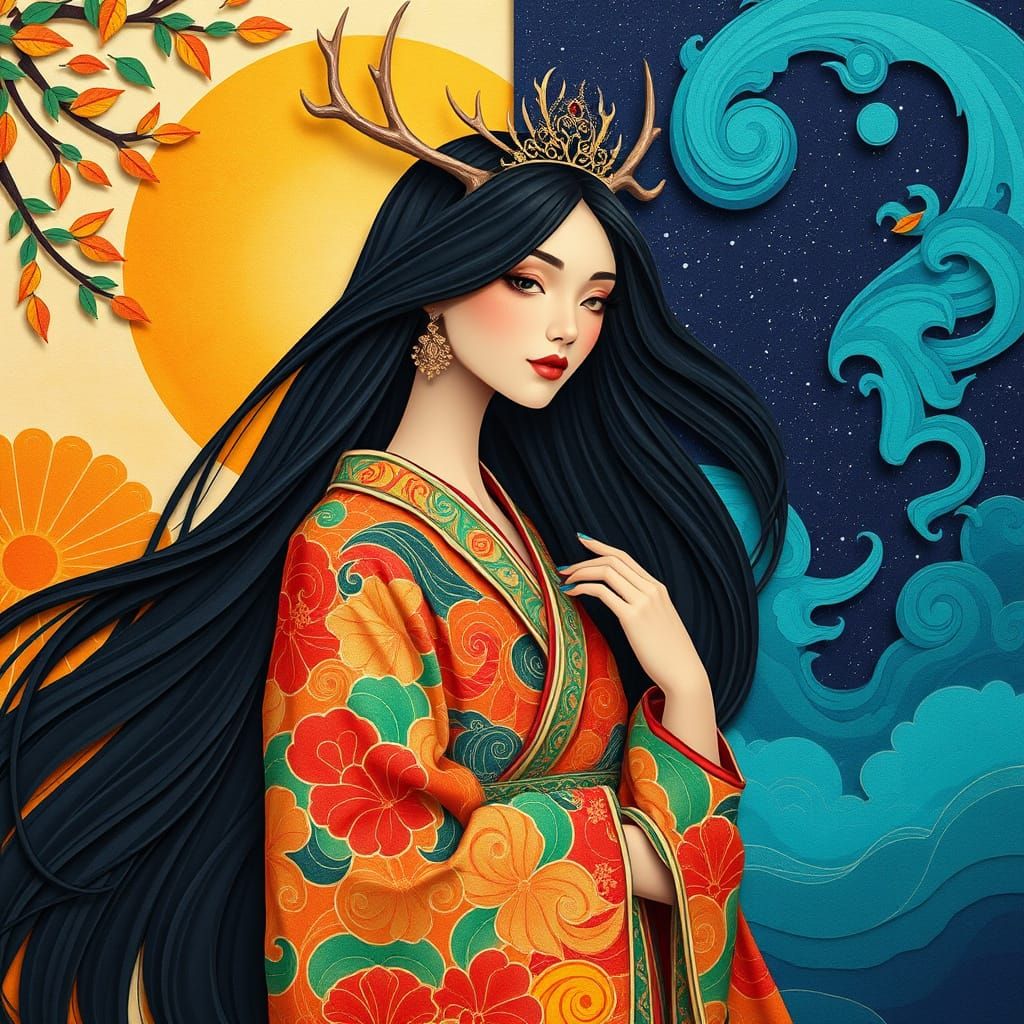 Goddess in Kimono with Antler Crown, Art Nouveau Style