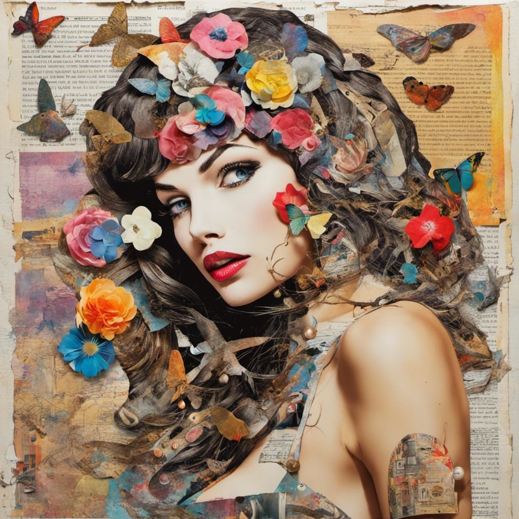 Retro Pinup Collage with Moths and Flowers in Mixed Media