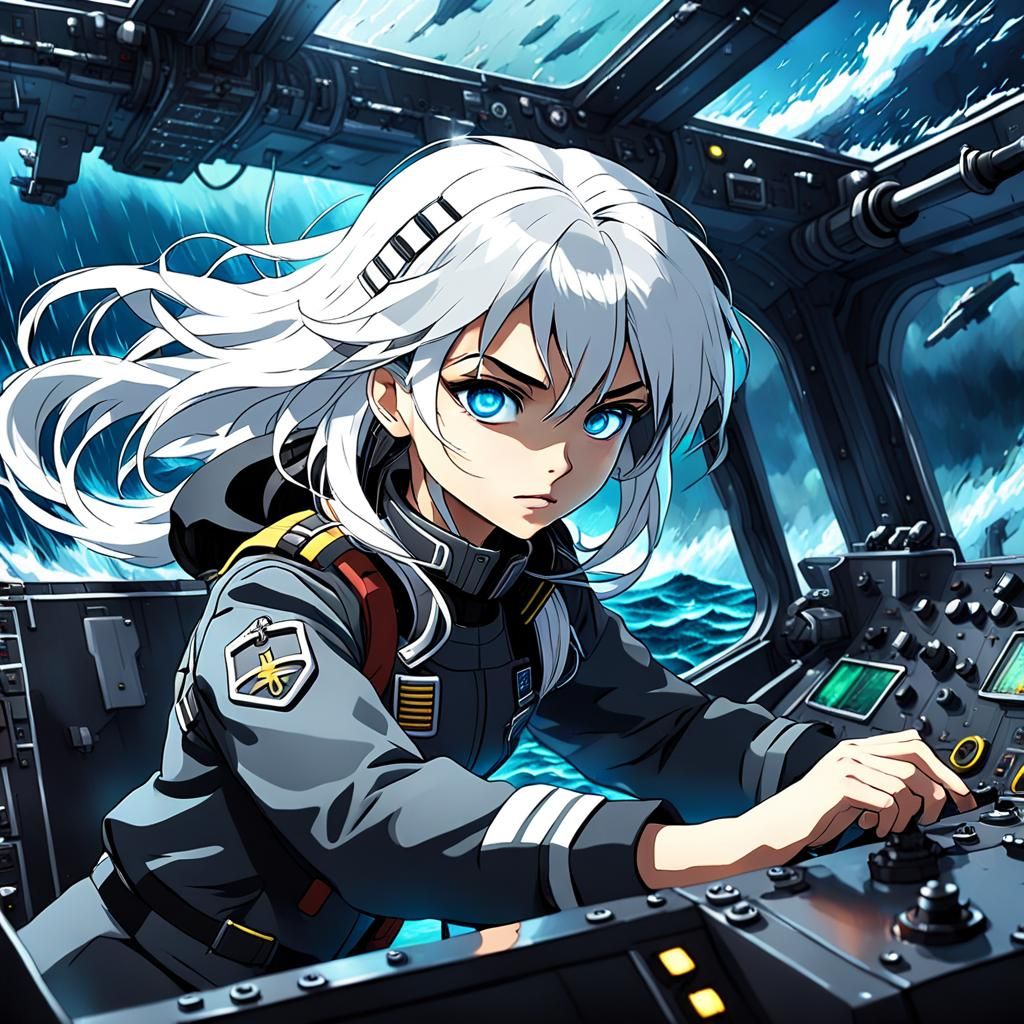 Anime Girl Captain Controls Submarine in Storm