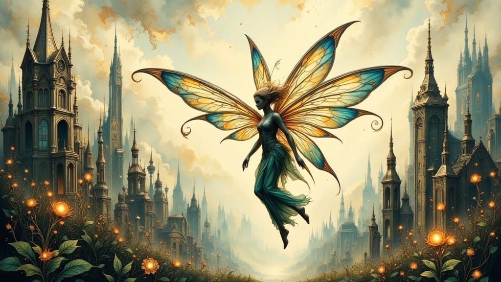 Fairy in Post-Apocalyptic Cityscape with Stained Glass Wings