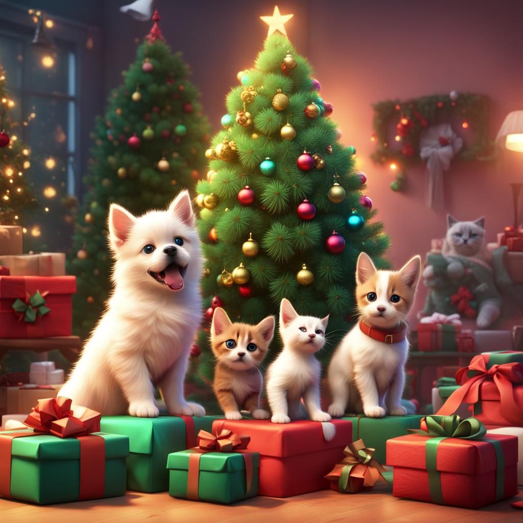 Puppies and Kittens Decorate Christmas Tree Pixar Style