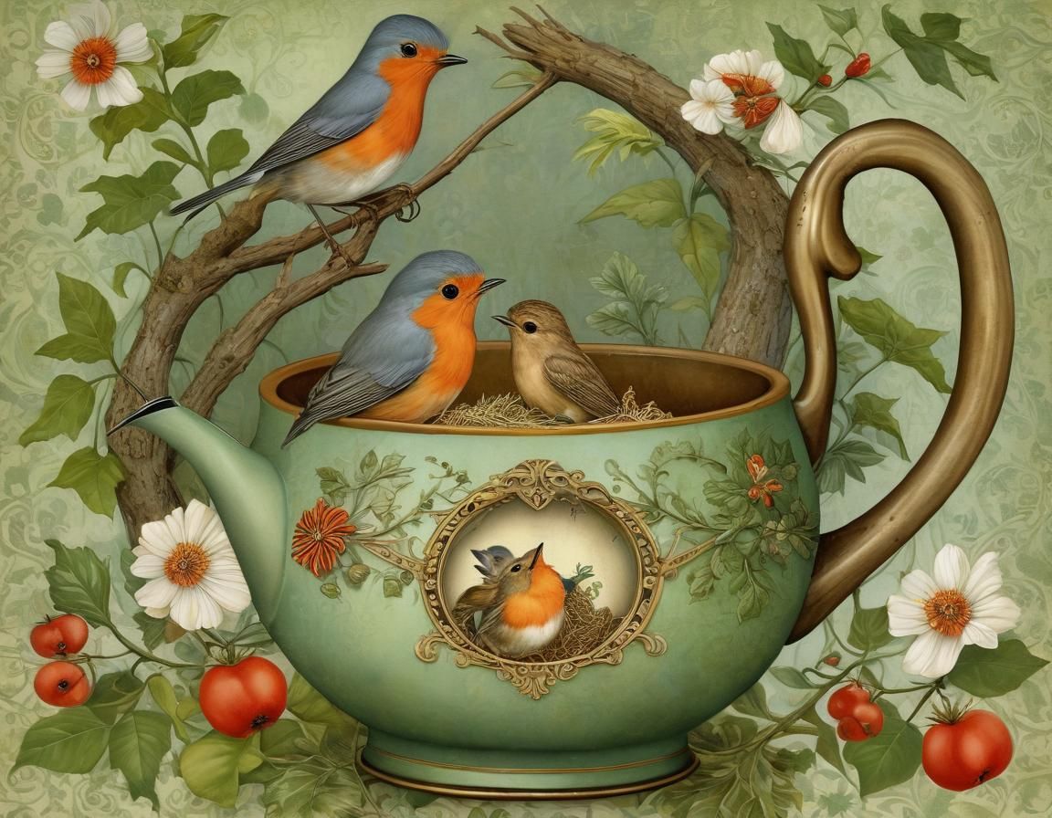 Whimsical Storybook Robin Teapot Nest Feeding Scene