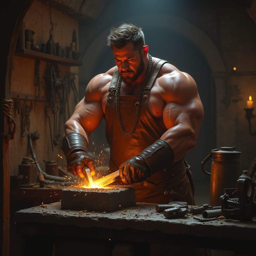 Blacksmith Forging Sword: Renaissance-Inspired Digital Art