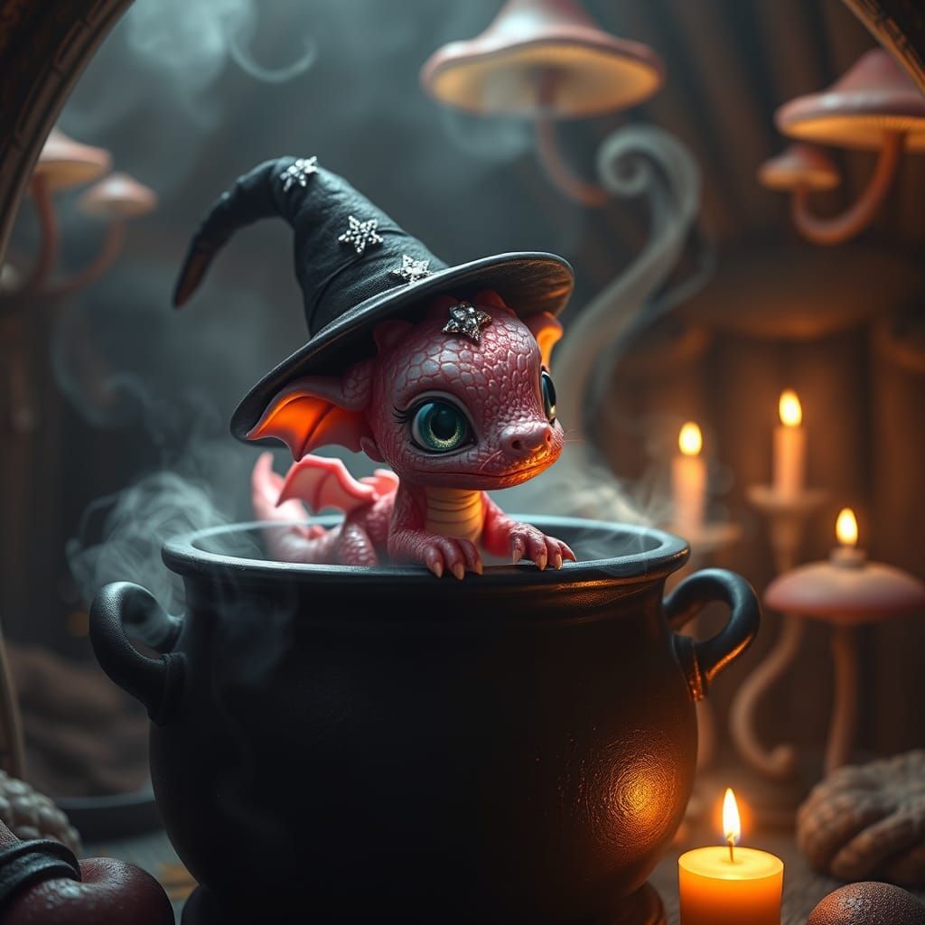 Pink Baby Dragon in Witch's Cauldron