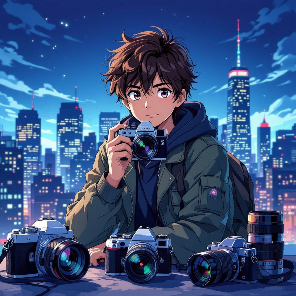 Anime Photographer in Cityscape, Studio Trigger Style