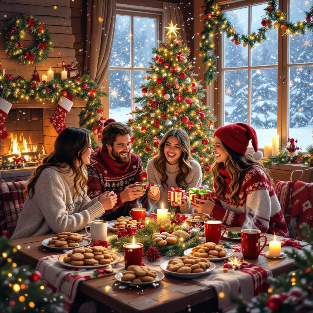 Cozy Christmas Party Scene with Glowing Lights