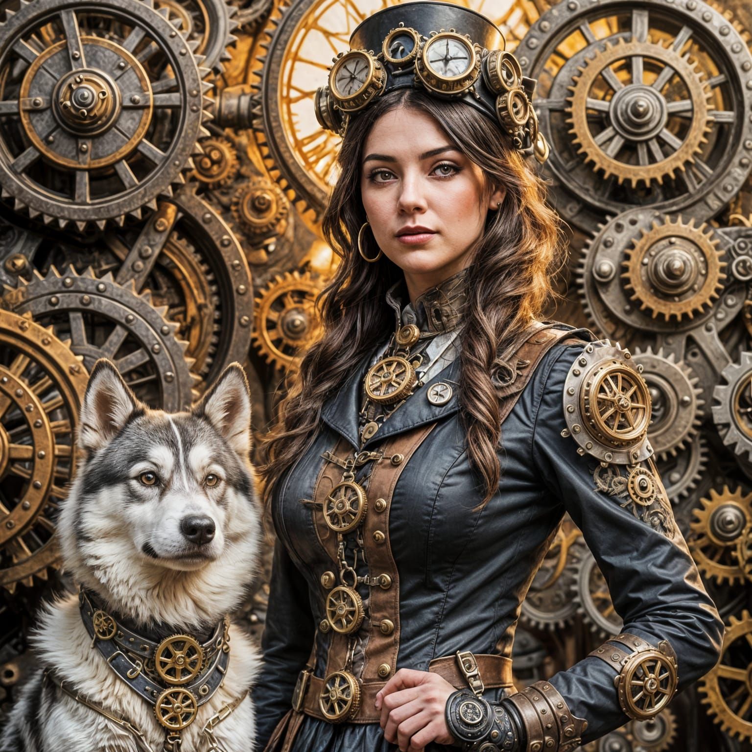 Steampunk Lady and Her Inventive Husky in a Whimsical Art Pi...
