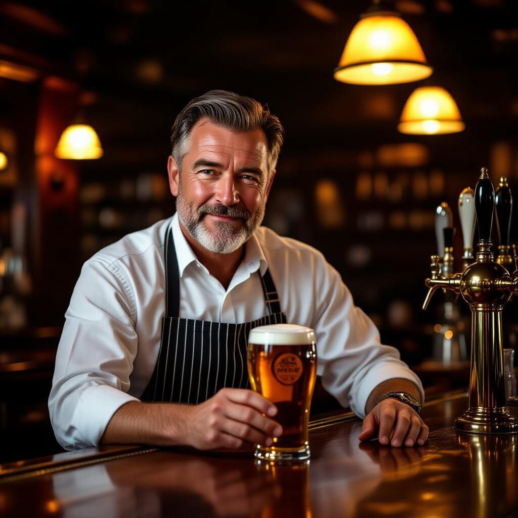 Barman Admiring Freshly Poured Beer in Dark Bar
