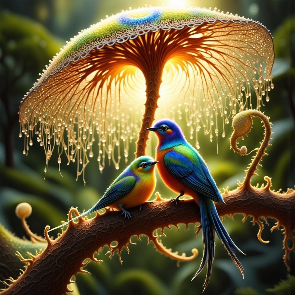Birds Protected by Ligamorphous Tree-Mushroom Filigree