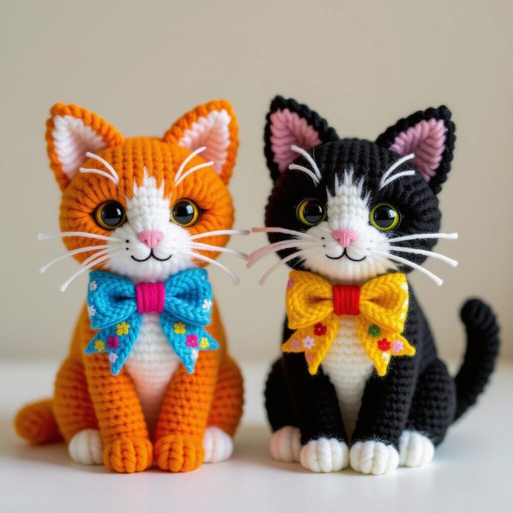 Yarn Cats with Bows in Children's Illustration Style