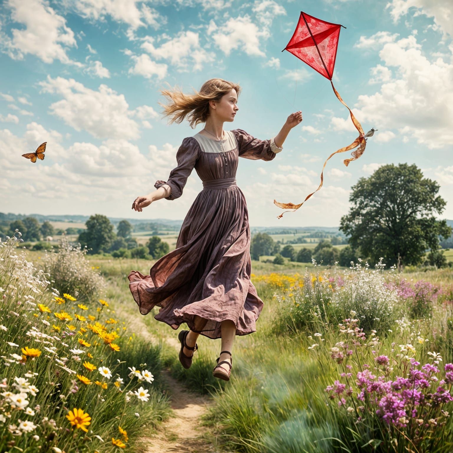 Flying Kite in a Blooming Flower Field